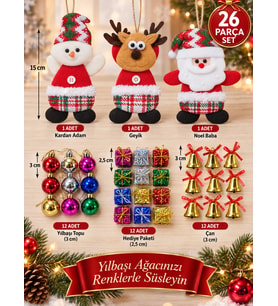 26 Parça Yılbaşı Ağacı Süs Seti Noel Baba Kardan Adam Geyik Top Çan Hediye Paketi Dekorasyon