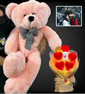 Size Özel Led Işıklı Fotoğraflı Ayıcık Buketi ve Büyük Boy 80cm Pembe Peluş Ayıcık (Model 3)