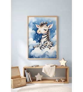 Bulutlarda Zebra Minimalist Çocuk Odası 1. Kalite Ahşap Çerçeveli Tablo