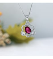 Kırmızı Oval Taşlı Hücre Gümüş Kolye