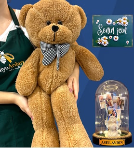 Sizlere Özel 3 Fotoğraflı, İsimli Işıklı Fanus ve Büyük Boy Kahve Peluş Ayıcık - Kişiselleştirilmiş Set (Model 2)