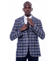 Ekose Sivri Yaka Slim Fit Mavi Erkek Ceket - Wessi