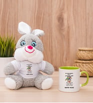 Kişiye Özel Biz Akıllanmayız Tasarım Esprili  Peluş Tavşan ve Yeşil Kupa