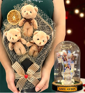 Sizlere Özel Led Işıklı Fanus ve Büyük Boy Kahve Peluş Ayıcık Buketi - Premium Hediye Seti (Model 2)
