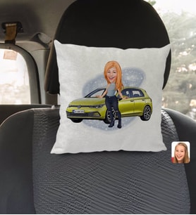 BK Gift Kişiye Özel Plakalı Kadın Volkswagen Golf Karikatürlü Kare Araç Koltuk Yastığı-2