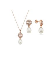 Baget Sekizgen Doğal İncili Sallantı Küpe Kolye İkili Set (Rose)