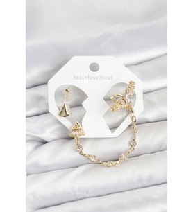 Pirinç Gold Renk Yıldızlı Model Zincir Bağlantılı Ear Cuff Küpe Seti TJ-BKP11540