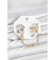 Pirinç Gold Renk Yıldızlı Model Zincir Bağlantılı Ear Cuff Küpe Seti TJ-BKP11540