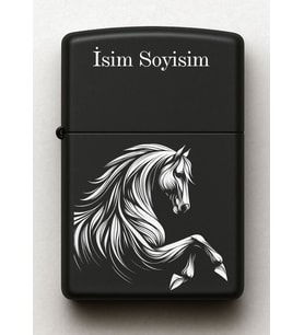 At Horse Desenli Kişiye Özel İsimli Siyah Benzinli Metal Çakmak