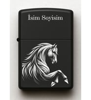 At Horse Desenli Kişiye Özel İsimli Siyah Benzinli Metal Çakmak