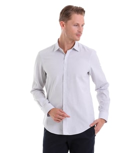 Hatemoğlu Gri Ç. Comfort Fit Çizgili Pamuklu Slim Yaka Uzun Kollu Spor Gömlek