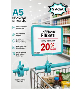 5 Adet - A5 Mandallı Etiketlik Fiyatlık Sepet Raf Askılık Fiyat Etiketi Çerçeveli Market Mağaza Turkuaz
