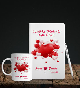 Sevgililer Gününe Özel Beyaz Deri Defter Kalem Kupa Hediye Seti 31