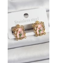 Pirinç Pembe Mineli Sanatsal Portre Model Gold Renk Kadın Küpe 5886 - HEP-3675-1995