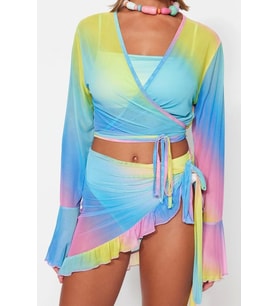 Moda Dokuma Degrade V Yaka Plaj Degrade Desenli Vücuda Oturan Örme Bağlamalı Mesh Bluz Etek Takım (Çok Renkli)