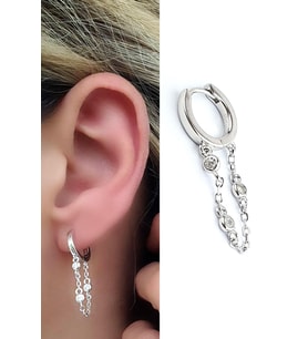 Zirkon Taş Detaylı 925ayar Gümüş İtalyan Tasarımı Zincirli Halka tek küpe cap 1cm