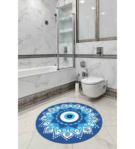 Mavi Nazar Boncuklu Yuvarlak Banyo Klozet Paspas Seti BS289
