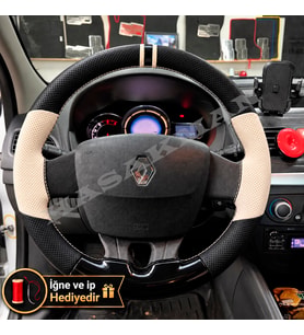 Renault Scenic 3 Dikme Direksiyon Kılıfı Delikli Deri Parlak Siyah Bej Detay Çift Yüzük ve Dikiş 2009-2016