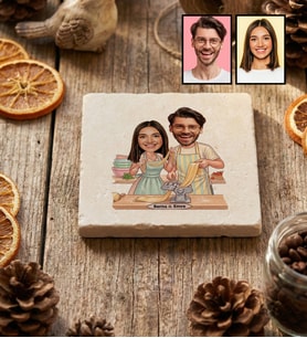 Kişiye Özel Karikatür Yemek Yapan Romantik Çift Bardak Altlığı Sevgililer Günü Hediyesi