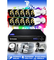 PICAM 10 Kameralı Kare 10 Dış Kamera Set 100 GB HDD Full HD Renkli Gece Görüşlü Güvenlik Kamerası Sistemi