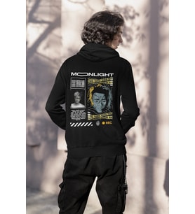 Unisex MoonLight Baskılı Oversize Baskılı Kapşonlu Sweatshirt 3 Iplik (Siyah)