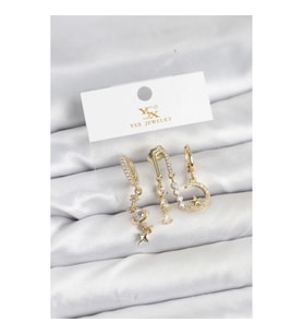 Mey İthalat® Pirinç Gold Renk Zirkon Taşlı Uzay Model YSX Trio Küpe Seti