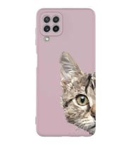 Samsung Galaxy A22 Uyumlu Lansman Kılıf Catface Tasarımlı İçi Kadife Kapak-Pudra (Şeffaf)
