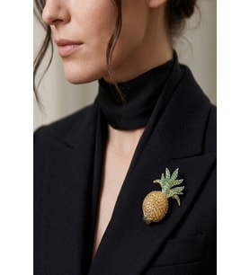Caş Dekorasyon Altın Renk Ananas Figürlü Taşlı Broş