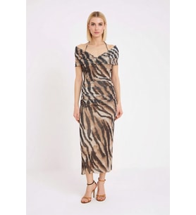 Kadın Zebra Desenli Carmen Yaka Kolsuz Bodycon Midi Elbise Tül Astarlı Party Günlük Rahat Modern