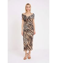 Kadın Zebra Desenli Carmen Yaka Kolsuz Bodycon Midi Elbise Tül Astarlı Party Günlük Rahat Modern