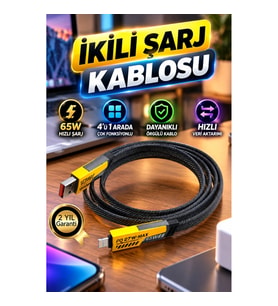 65W 4’ü 1 Arada Örgülü Çok Fonksiyonlu Hızlı Şarj ve Veri Kablosu