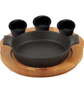 Lava Döküm Yuvarlak Sahan Döküm Demir Yekpare Çift Kulplu Kayın Servis Ahşabı. Çap(Ø)18cm. (Sos kapları dahil değildir.) (Siyah)