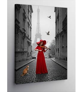 Kanvas Tablo Kırmızı Elbiseli Kadın ve Kedi