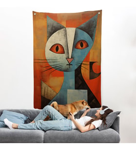 Pablo Picasso Tarzı - Soyut Renkli Kedi Duvar Örtüsü-7373