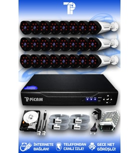 PICAM 24 Kameralı Uzay 24 Dış Kamera Set 100 GB HDD Full HD Gece Görüşlü Güvenlik Kamerası Sistemi