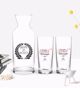 BK Gift Kişiye Özel Renkli Baskılı Deli Gibi Sevmek Tasarımlı İkili Rakı Bardağı ve Karaf Hediye Seti-1 (Model 1)