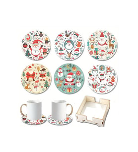 BİLGE tasarım Noel Yılbaşı Ahşap Bardak Altlığı - 6 lı set Set AHŞAP ÖZEL TASARIM KUTULU