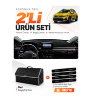 DACIA SANDERO (2022-2026) EKRANLI Uyumlu Torpido Örtüsü + Deri Bagaj Çantası + Sticker Seti - Siyah Gri