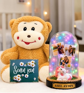 Kişiye Özel 3 Fotoğraflı Renkli LED Işıklı Fanus(unicornlu) ve Peluş Maymun Sevgiliye Hediye Kadına Hediye