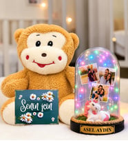 Kişiye Özel 3 Fotoğraflı Renkli LED Işıklı Fanus(unicornlu) ve Peluş Maymun Sevgiliye Hediye Kadına Hediye