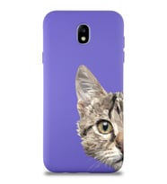 Samsung Galaxy J7 Pro Uyumlu Lansman Kılıf Catface Tasarımlı İçi Kadife Kapak-Mor (Şeffaf)