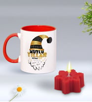 Yılbaşı Hediyesi BK Gift Kişiye Özel Yeni Yıl Tasarımlı Kırmızı Kupa Bardak ve Kırmızı Kar Tanesi Kokulu Mum Hediye Seti-6, Sevgiliye, Arkadaşa Hediye