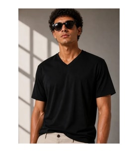 Erkek V Yaka Basic Tişört Kısa Kol Yazlık Regular Fit T-Shirt - Siyah