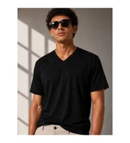 Erkek V Yaka Basic Tişört Kısa Kol Yazlık Regular Fit T-Shirt - Siyah