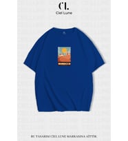 Nevermind Unisex Kadın Erkek Morocco Baskılı Özel Tasarım Oversize T-shirt (Mavi)