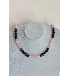 8 MM PEMBE KUVARS, AMETİST DOĞALTAŞ KOLYE
