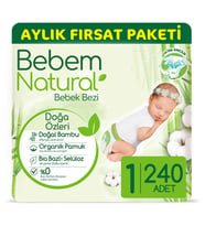 Bebem Natural Bebek Bezi 1 Beden Yenidoğan Aylık Fırsat Paketi 240 Adet