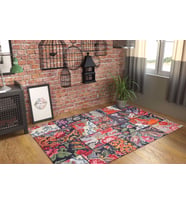Bespoky Oval Trappes Siyah Patchwork Pamuk Dijital Baskı Dekoratif Alan Halısı