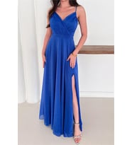 Neşeli butik kadın ayarlanabilir askılı yırtmaçlı tül abiye elbise RYS9276 (Mavi)