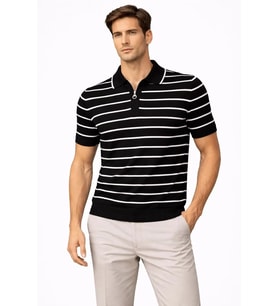 Engezi Erkek Triko Polo Yaka Fermuarlı Çizgili Tişört T-Shirt Yazlık Şık - Siyah